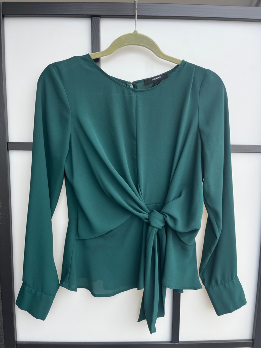 Forever 21 Dark Green Tie-Front Long Sleeve Blouse